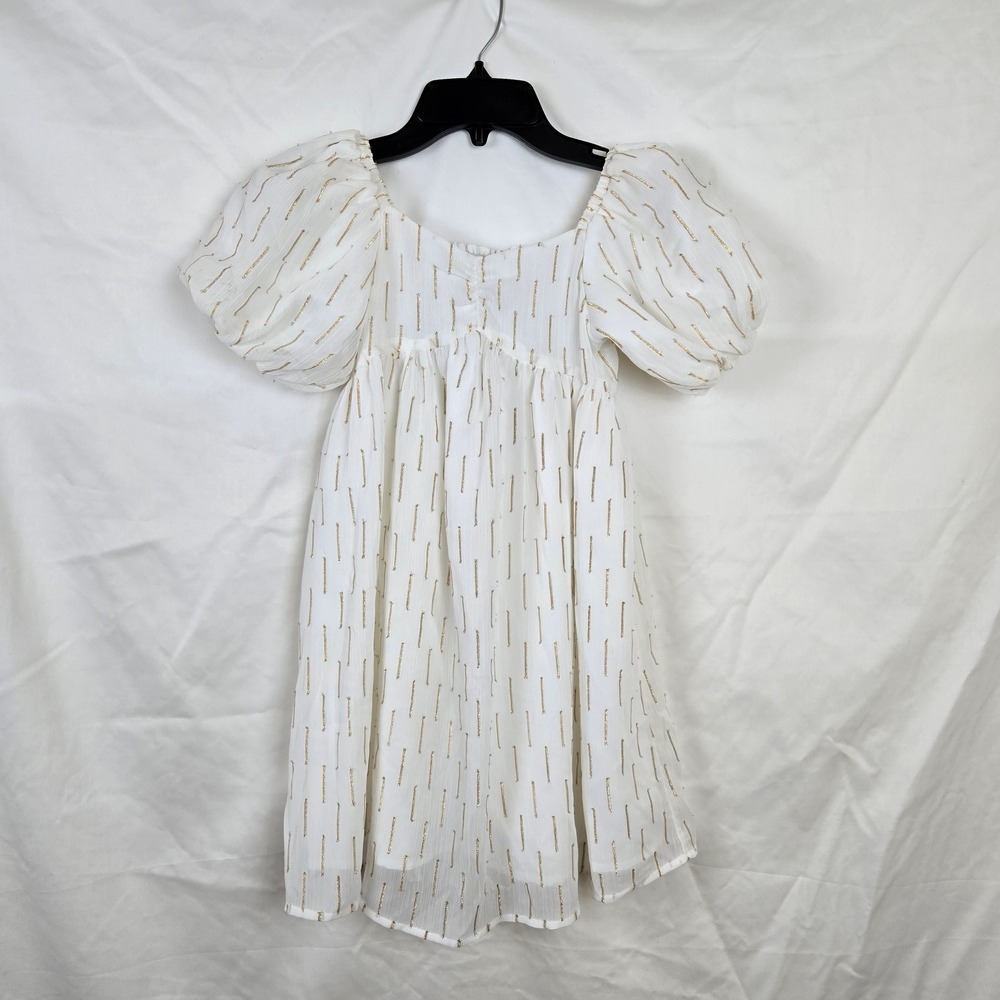 Janie & Jack Girl White Metallic Clip Stripe Bubble Sleeve Party Holiday Dress 8